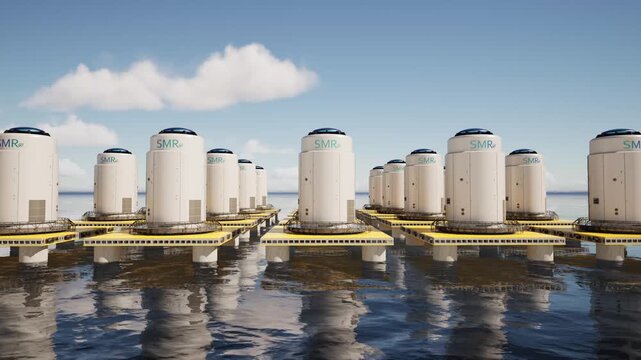 3d rendering group of SMR or small modular nuclear reactors on offshore platform in the ocean for energy infrastructure 4k footage