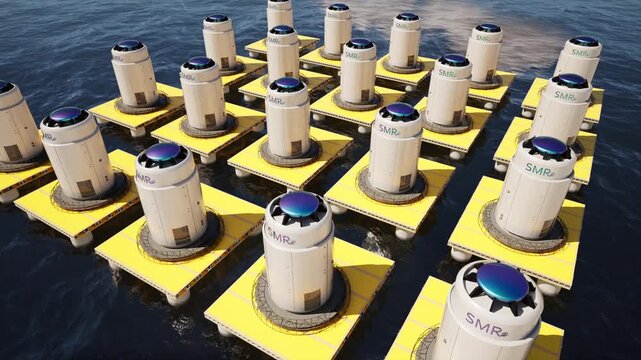 3d rendering group of SMR or small modular nuclear reactors on offshore platform in the ocean for energy infrastructure 4k footage