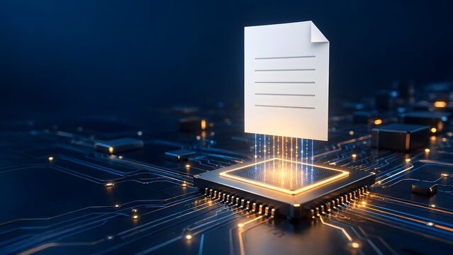 Computer processor chip projecting glowing data lines to a digital document illustrating electronic record management