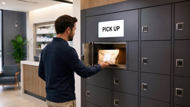 Man retrieves a package from a secure locker in a modern service area during the day in a bustling urban setting