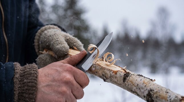 Close-up of young S&aacute;mi herder hands testing sharpness of new handcrafted knife by carving delicate wood shavings in outdoor winter daylight