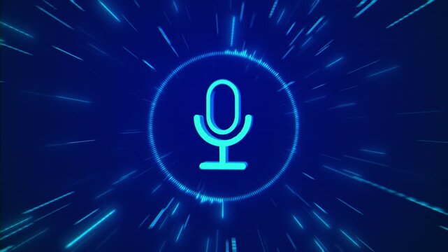 Neon microphone icon glows futuristic blue interface fast rays, visualizing voice control, artificial intelligence, speech recognition, audio recording, communication modern assistant technology.