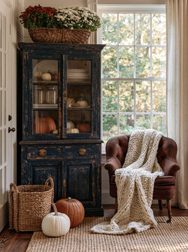 Cozy fall living room with vintage cabinet pumpkin decor rustic armchair knitted blanket woven basket farmhouse interior autumn home styling warm natural light