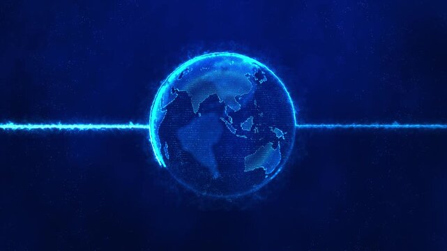 Blue illuminated planet Earth continents energetic horizontal pulse visualizes global connectivity, satellite geography, climate, international trade, navigation, data networks digital transformation.