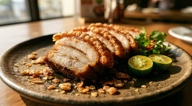 Sliced crispy Filipino pork belly with golden crackling skin, calamansi, chilies, and fresh herbs presented on a dark ceramic plate.