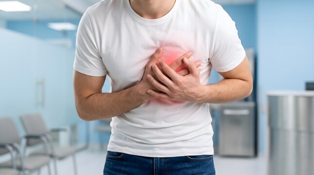 Dramatic Stock Image of a Man Experiencing Sudden Chest Pain and Heart Attack Symptoms While Holding His Chest with Both Hands in Distress and Emergency Situation