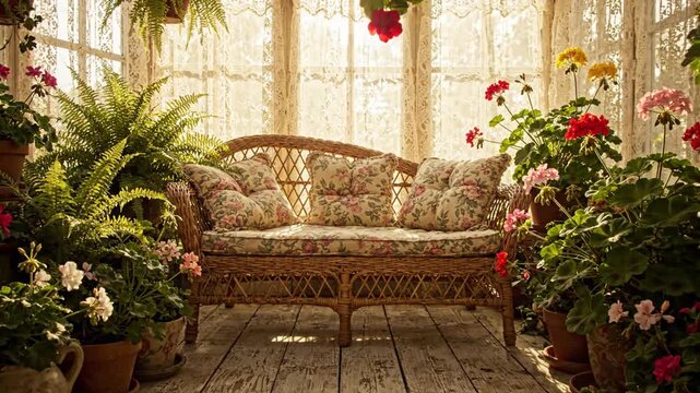 Cozy sunroom with wicker sofa and flowers in golden light