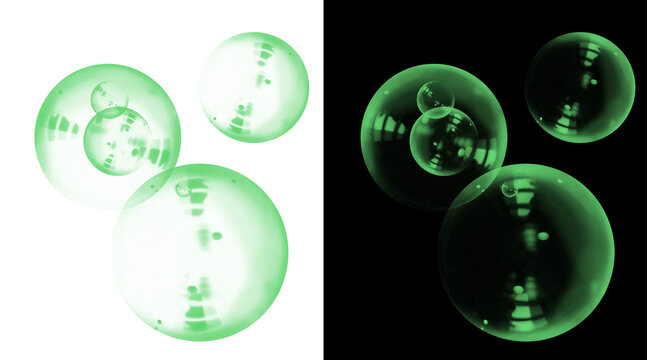 Green soap bubbles set on white and black backgrounds, transparent liquid spheres with reflections, glowing emerald water orbs for design