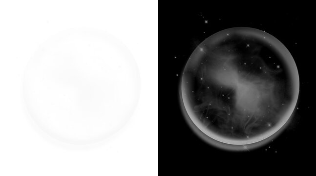 Ethereal celestial sphere with glowing particles, mystical crystal ball illustration, cosmic orb with smoke and stardust effects