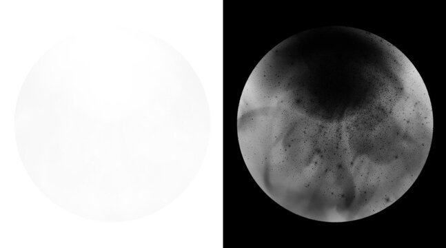Abstract spherical texture map set, monochrome circular alpha mask and displacement map, grainy stone and concrete surface textures