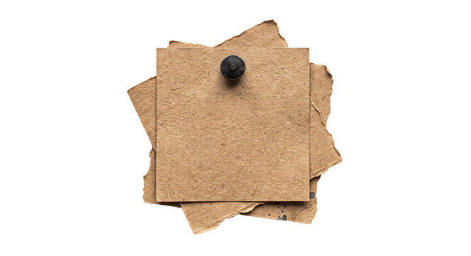 Recycled paper notes pinned with a push pin isolated on transparent background