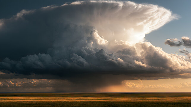 Dramatic Supercell Storm Clouds Rolling Across An Open Prairie, Crisp Midday Sunlight, Shot On 85mm Lens, Shallow Depth Of Field, High-Contrast Tones, Photorealistic, Ultra-Detailed