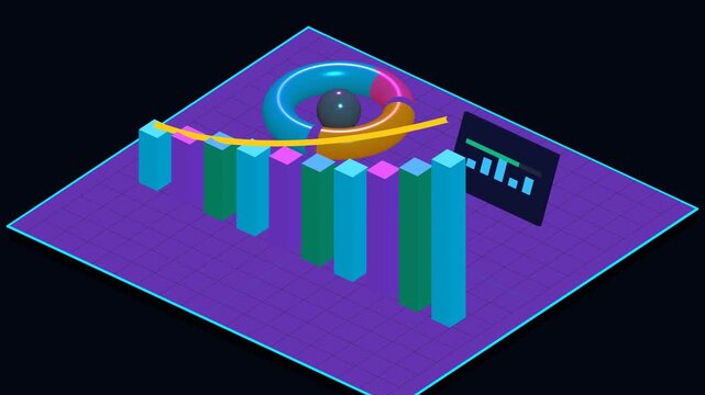 Modern 3D Isometric SaaS Revenue Analytics Dashboard with rising glass growth pillars and KPI donut chart