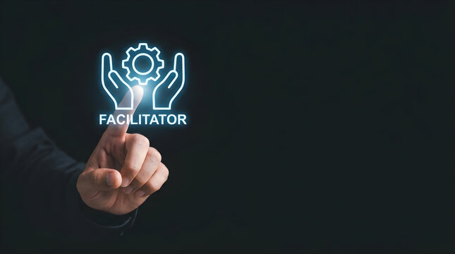 Business professional touching glowing facilitator icon representing corporate
