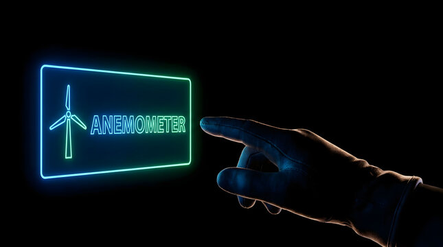 Gloved finger pointing at glowing neon anemometer sign on dark background