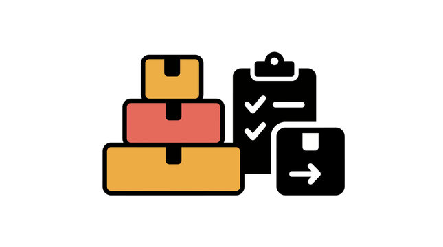 Logistics and inventory management icon with cardboard boxes, clipboard checklist, and delivery box package