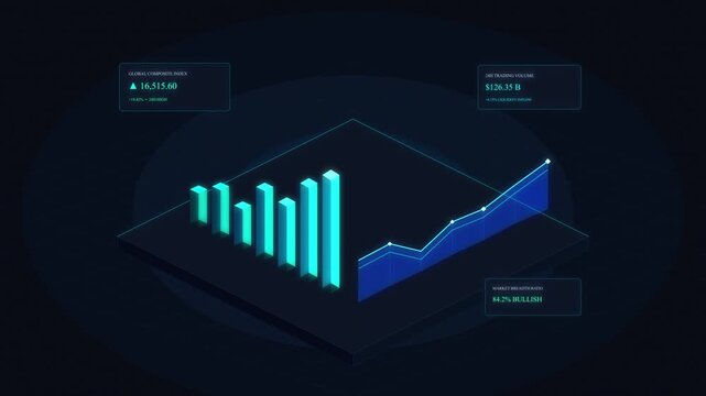 Animated isometric bar and line charts showing business growth, financial data analysis, digital technology, dark blue background