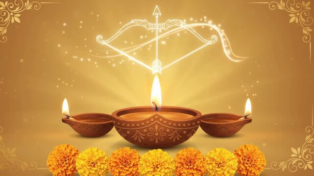 Dussehra animation with glowing bow and arrow line art above three lit diya lamps and marigold flowers, golden light rays and sparkles, ornamental border, Vijayadashami festival greeting