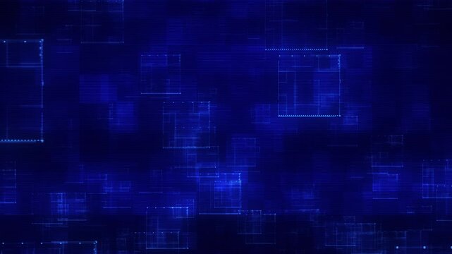 Futuristic blue square patterns float across digital field with subtle light and grid details, data organization, virtual systems, technology interfaces, computing networks and modern digital design.
