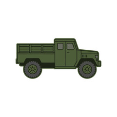 Obraz premium Side view of a green military cargo truck isolated on a white background in a flat vector style