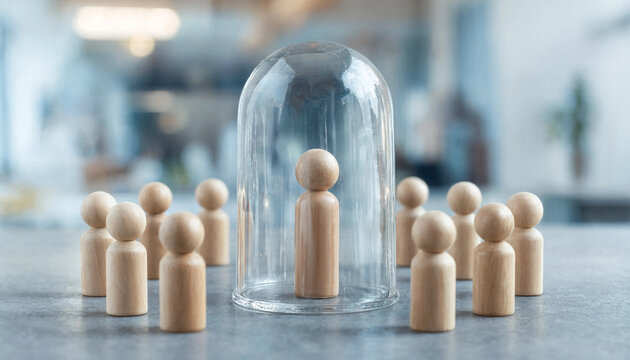 Wooden figures representing people standing together with one figure protected under a glass dome