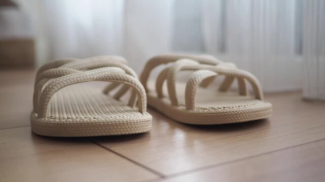 Light beige braided strap slides resting on wood floor near curtains.