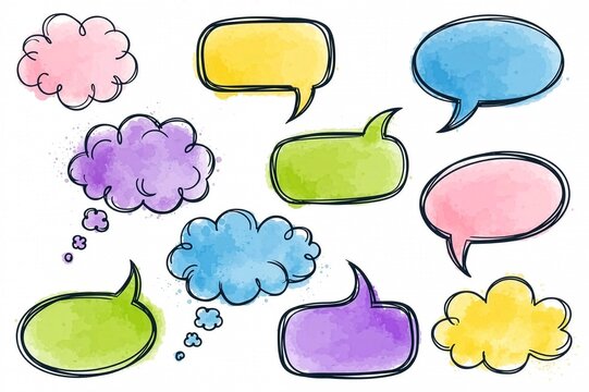 Colorful Hand Drawn Watercolor Speech Bubbles and Thought Clouds Collection