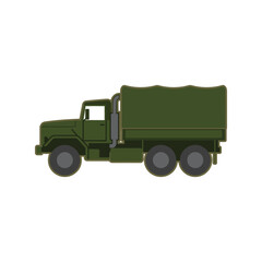 Obraz premium Side view of a green military cargo truck isolated on a white background in a flat vector style