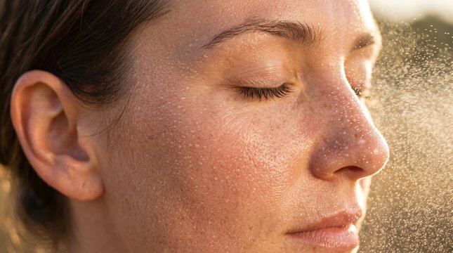 Woman refreshing face with moisturizing water mist spray skincare routine