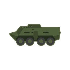 Obraz premium Flat vector illustration of a green military armored personnel carrier isolated on white background.