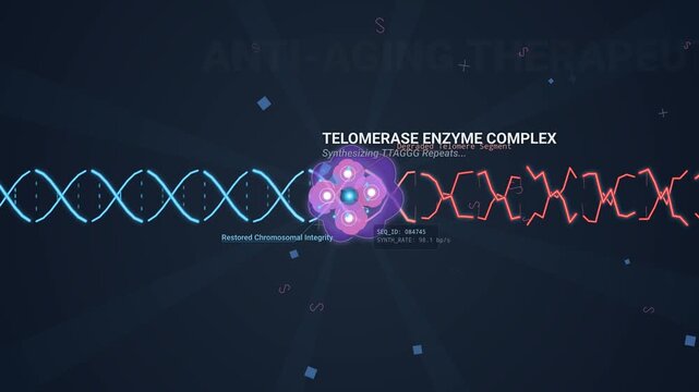 3D animation of telomerase enzyme complex repairing DNA strand by synthesizing telomere repeats showing anti-aging therapeutic agent concept and restored chromosomal integrity