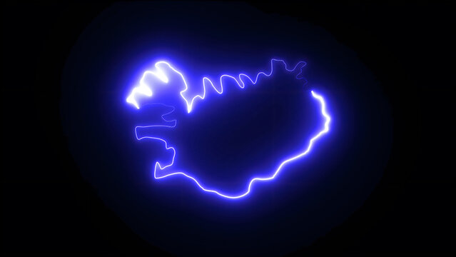Glowing neon blue outline of the country of iceland isolated on a black background, digital map of north atlantic island