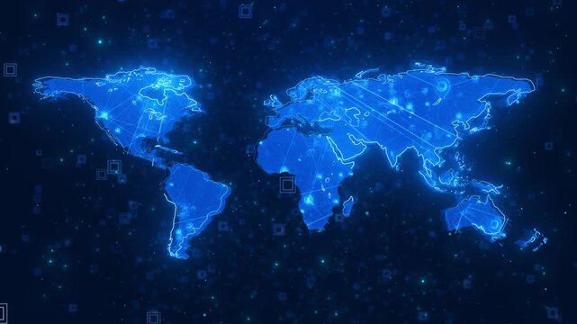 Futuristic world map shines points across blue digital field, representing global communication, trade, cloud services, travel, logistics, finance, navigation, data networks international technology.