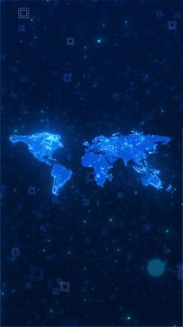 Glowing blue world map connects continents digital lines and bright nodes, global networks, international business, internet communication, data exchange, logistics, finance and worldwide technology.
