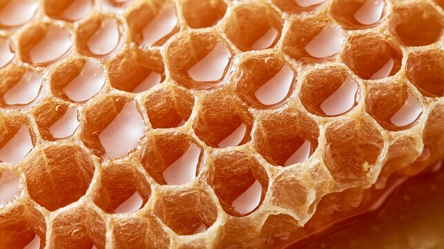 Golden natural honey filling hexagonal honeycomb structure. Close-up showing sweet honey in organic bee comb cells, creating a rich texture