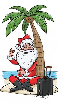 Cute quirky cartoon Santa meditating on the beach palm tree, flat design animation