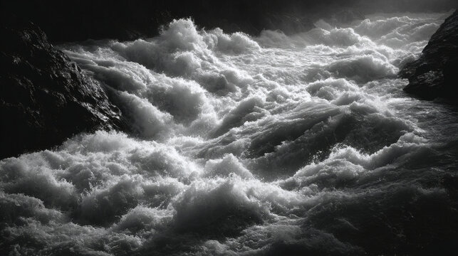 Turbulent river rapids in monochrome