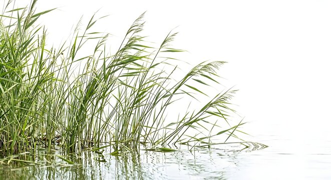 Reeds growing in the calm water of a lake with a bright white background.