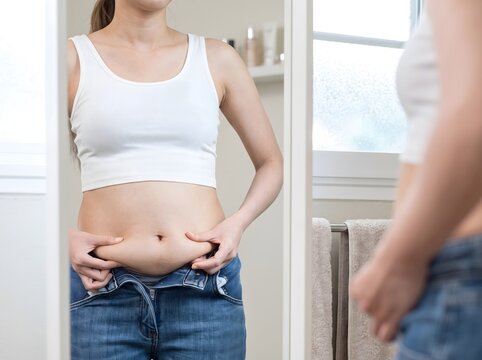 Woman pinching her belly fat while wearing a casual white top, weight management, diet control, and fitness motivation lifestyle concept