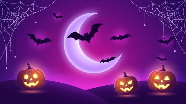 Animated Halloween background with glowing pumpkins and bats under moon