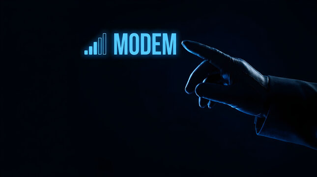 Gloved hand interacting with glowing digital modem connectivity icon interface