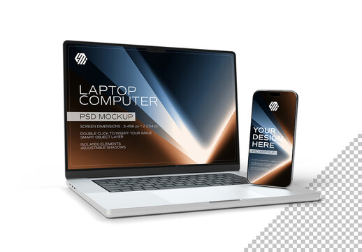 Modern Laptop and Smartphone Isolated on White Mockup