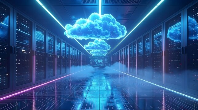 Futuristic server room with glowing blue cloud data icons, representing cloud computing and network technology