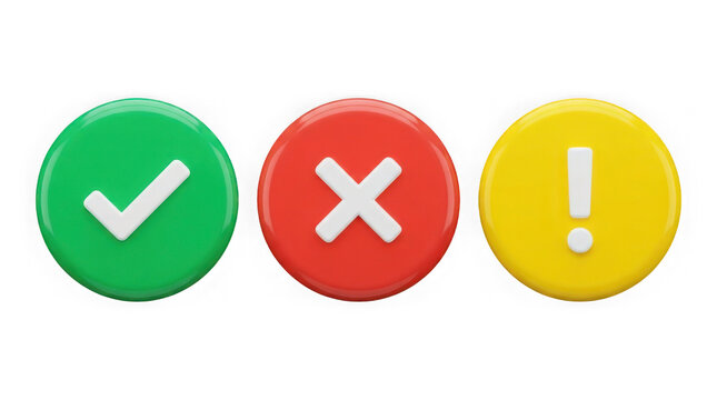 Right and wrong, acceptance and rejection concept. Round icons buttons with a check mark and cross. 3d rendering