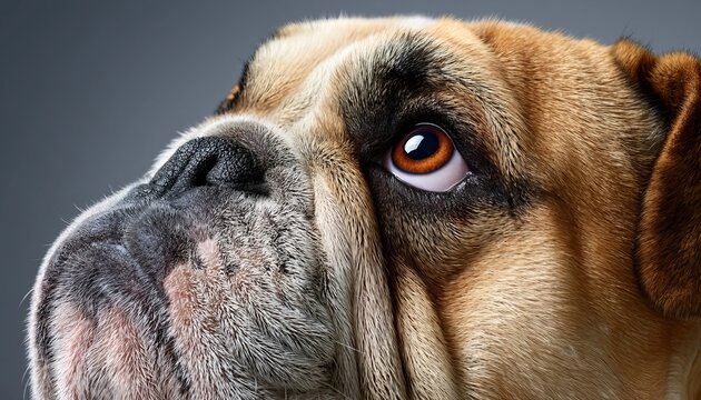 Close Up Portrait Of An Adorable Bulldog Dog With Expressive Eyes Against A Clean Gray Background.