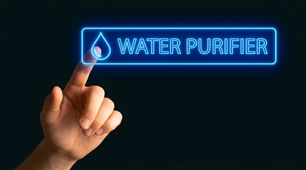 Obraz premium Human finger touching glowing blue digital water purifier button on dark
