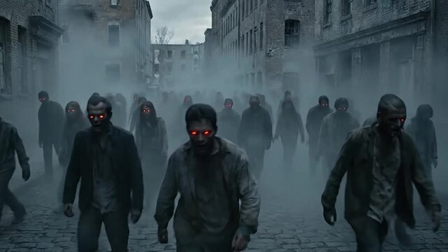 Horde of glowing red eyed zombies walking down a foggy cobblestone street
