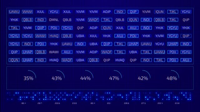 Blue technology interface presents progress data, coded fields and illuminated blocks, visualizing performance tracking, statistical analysis, machine intelligence, system testing and digital reports.