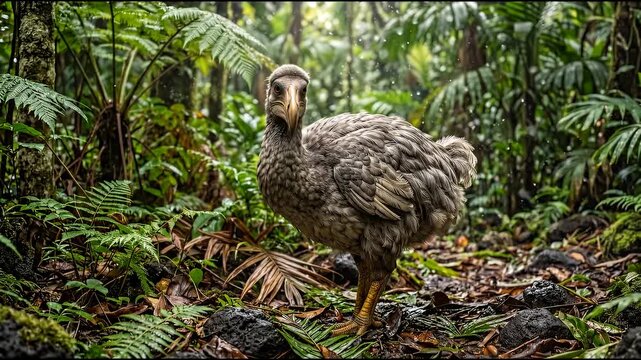Extinct dodo bird walking through the lush tropical rainforest of prehistoric Mauritius, a realistic wildlife documentary scene for natural history and science education