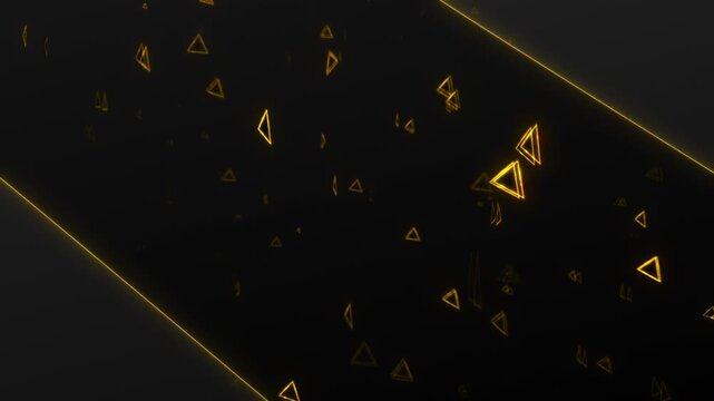 Luminous amber triangle outlines float through a black void beside diagonal lines, forming an elegant futuristic background for awards, fashion promos, corporate openers and cinematic title sequences.